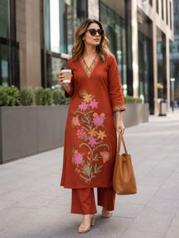 BERRYLICIOUS - Women Rust Cotton Embroidered Kurta and Palazzo