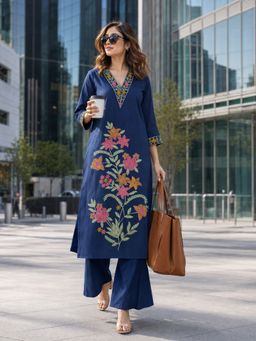 BERRYLICIOUS - Women Navy Blue Cotton Embroidered Kurta and Palazzo