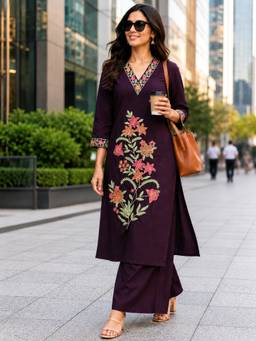 BERRYLICIOUS - Women Wine Cotton Embroidered Kurta and Palazzo