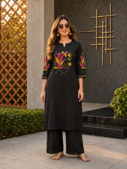 BERRYLICIOUS - Women Black Cotton Embroidered Kurta and palazzo