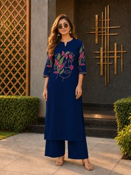 BERRYLICIOUS - Women Navy Blue Cotton Embroidered Kurta And Palazzo