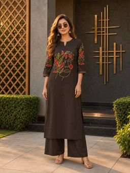 BERRYLICIOUS - Women Brown Cotton Embroidered Kurta And Palazzo