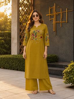 BERRYLICIOUS - Women Mustard Cotton Embroidered Kurta And Palazzo