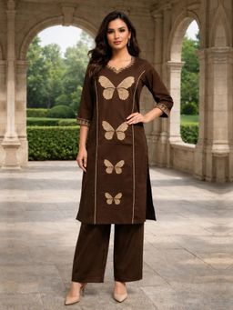 BERRYLICIOUS - Women Brown Cotton Embroidered Kurta with palazzo