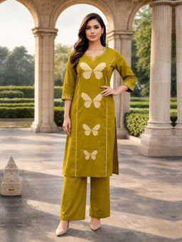 BERRYLICIOUS - Women Mustard Cotton Embroidered Kurta With Palazzo