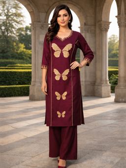 BERRYLICIOUS - Women Maroon Cotton Embroidered Kurta With Palazzo