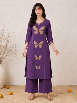 BERRYLICIOUS - Women Purple Cotton Embroidered Kurta with palazzo