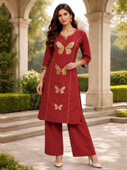BERRYLICIOUS - Women Rust Cotton Embroidered Kurta With Palazzo