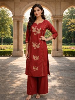 BERRYLICIOUS - Women Rust Cotton Embroidered Kurta And Palazzo