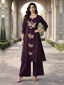 BERRYLICIOUS - Women Wine Cotton Embroidered Kurta And Palazzo