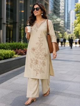 BERRYLICIOUS - Women Beige Cotton Embroidered Kurta and Palazzo