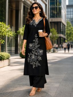 BERRYLICIOUS - Women black Cotton Embroidered Kurta and Palazzo