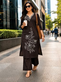 BERRYLICIOUS - Women Brown Cotton Embroidered Kurta and Palazzo