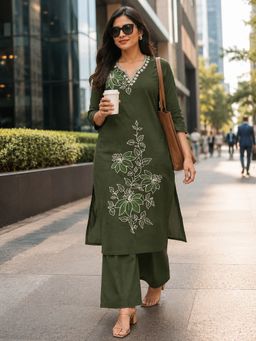 BERRYLICIOUS - Women Green Cotton Embroidered Kurta and Palazzo