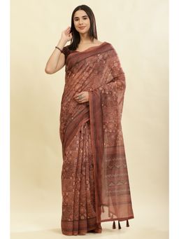 MEENA BAZAAR Since 1970 - Brown Printed Saree with Unstitched Blouse