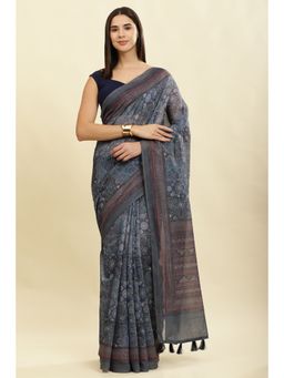 MEENA BAZAAR Since 1970 - Grey Printed Saree with Unstitched Blouse