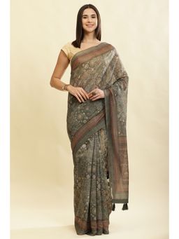 MEENA BAZAAR Since 1970 - Olive Printed Saree with Unstitched Blouse