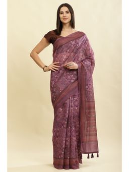 MEENA BAZAAR Since 1970 - Wine Printed Saree with Unstitched Blouse