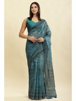 MEENA BAZAAR Since 1970 - Teal Printed Saree with Unstitched Blouse