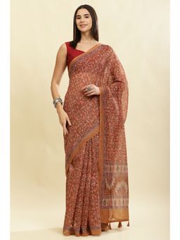 MEENA BAZAAR Since 1970 - Brown Floral Printed Saree with Unstitched Blouse