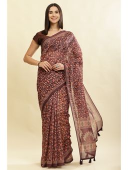 MEENA BAZAAR Since 1970 - Wine Floral Printed Saree with Unstitched Blouse