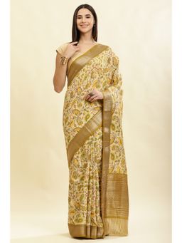 MEENA BAZAAR Since 1970 - Olive Floral Boota Printed Saree with Unstitched Blouse