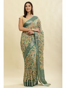 MEENA BAZAAR Since 1970 - Turquoise Floral Boota Printed Saree with Unstitched Blouse