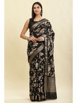 MEENA BAZAAR Since 1970 - Black Floral Printed Zari Saree with Unstitched Blouse