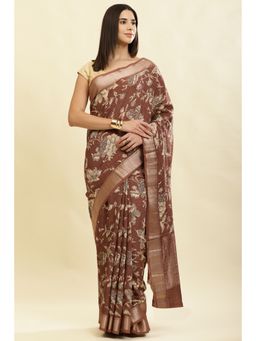 MEENA BAZAAR Since 1970 - Brown Floral Printed Zari Saree with Unstitched Blouse