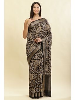 MEENA BAZAAR Since 1970 - Black Floral Printed Zari Saree with Unstitched Blouse