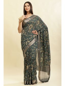 MEENA BAZAAR Since 1970 - Blue Floral Printed Zari Saree with Unstitched Blouse