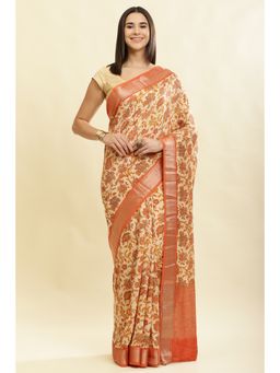 MEENA BAZAAR Since 1970 - Orange Floral Printed Saree with Unstitched Blouse