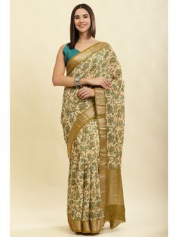 MEENA BAZAAR Since 1970 - Olive Green Floral Printed Saree with Unstitched Blouse
