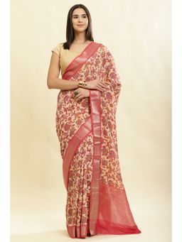 MEENA BAZAAR Since 1970 - Pink Floral Printed Saree with Unstitched Blouse