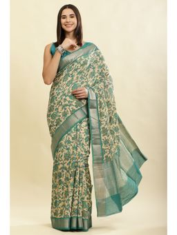 MEENA BAZAAR Since 1970 - Teal Floral Printed Saree with Unstitched Blouse