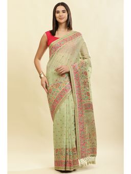 MEENA BAZAAR Since 1970 - Pista Green Chanderi Cotton kashida Weaves Saree with Unstitched Blouse