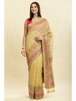 MEENA BAZAAR Since 1970 - Yellow Chanderi Cotton kashida Weaves Saree with Unstitched Blouse