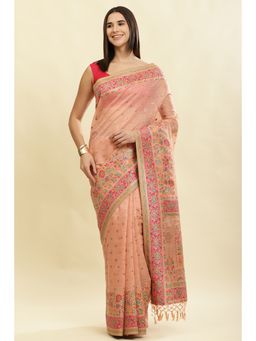 MEENA BAZAAR Since 1970 - Peach Chanderi Cotton kashida Weaves Saree with Unstitched Blouse