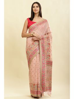 MEENA BAZAAR Since 1970 - Pink Chanderi Cotton kashida Weaves Saree with Unstitched Blouse
