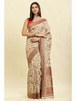 MEENA BAZAAR Since 1970 - Tussar Color Silk Madhubani Woven Saree with Unstitched Blouse