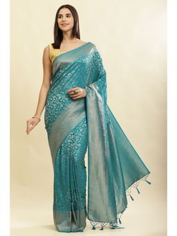 MEENA BAZAAR Since 1970 - Teal Weaving Saree with Unstitched Blouse