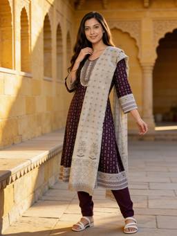 Rangita - Women Wine Embroidered Kurta Pant with Dupatta