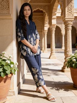 Rangita - Women Navy Blue Floral Print Straight Fit Co-Ord Set