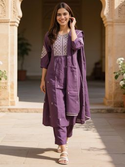 Rangita - Women Purple Embroidered Kurta Pant with Dupatta