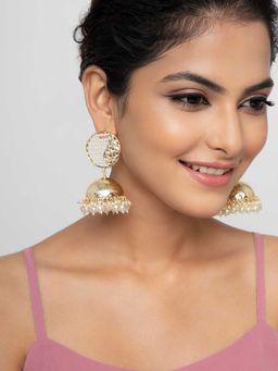 Indya - Gold White Circular Layered Jhumka Earrings