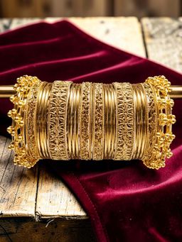 OOMPH - Antique Golden Ghungroo Bangle Set - Floral Design - (2.6) (Pack of 22)