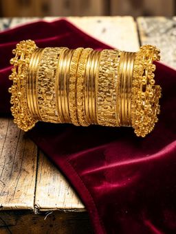 OOMPH - Antique Golden Ghungroo Bangle Set - Elephant Design - (2.6) (Pack of 22)