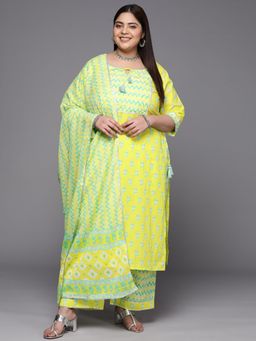 Extra love by Libas - Plus Size Women Yellow Printed Cotton Straight Kurta Sets for Women