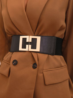 Pipa Bella by Nykaa Fashion - Classic Black Wide Faux Leather Rectangular Interlock Belt