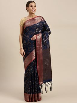 Sangam Prints - Navy Blue Banarasi Silk Zari Work Traditional Tassle Saree with Unstitched